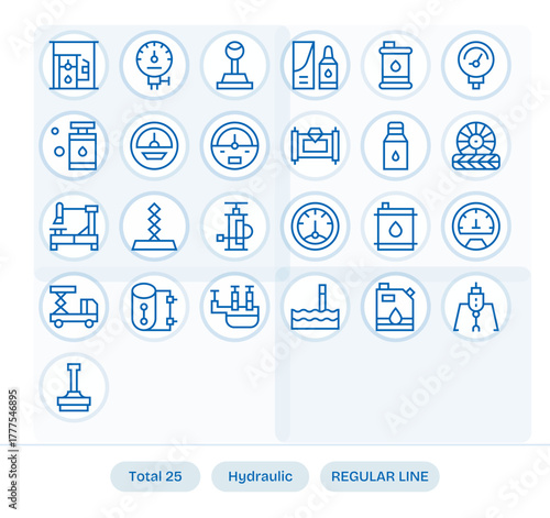Regular Line Style Hydraulic Vector Icons with 25 128x128 Pixel Aligned Designs