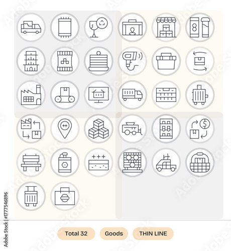 Goods Vector Graphics Pack including 32 Thin Line 256x256 PIXEL Perfect Icons