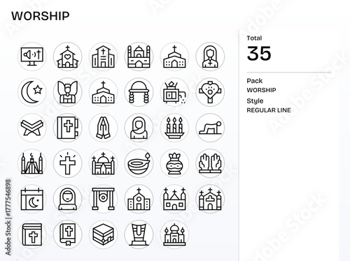 35 Detail Enhanced Vector Icons themed around Worship in 64x64 Regular Line format