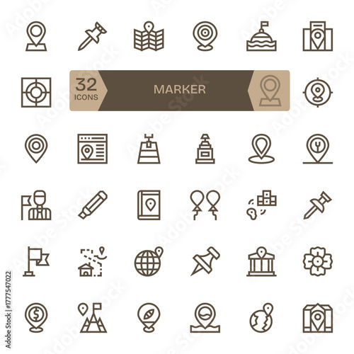 32 64x64 Grid Fitted Vector Icons for Marker in Bold Line Theme