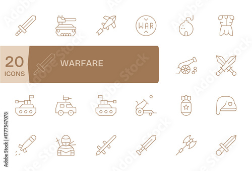 Warfare Modern Vector Collection with 20 Thin Line 128x128 Grid Fitted Icons