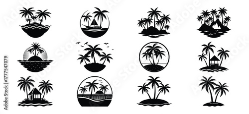 Collection of tropical island silhouettes featuring palm trees and ocean scenes
