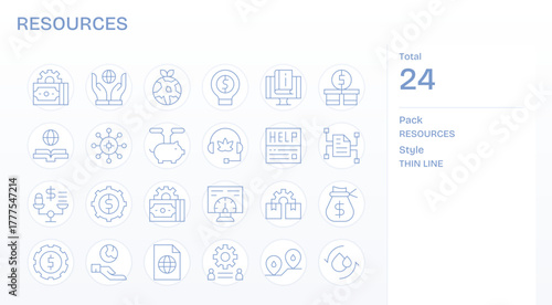 24 Grid Fitted Thin Line Vector Icons designed for Resources Interface