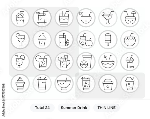 Summer Drink Vector Icon Library with 24 Thin Line 64x64 Grid Fitted Designs