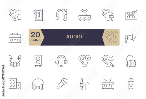 Audio Vector Icon Library with 24 Thin Line 128x128 Display Perfect Designs