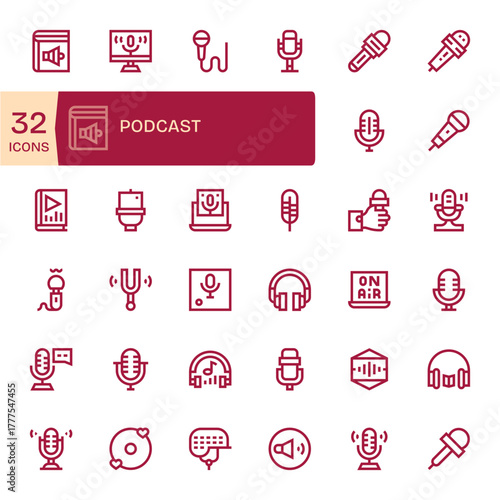 Podcast Vector Icon Set with 32 Bold Line Retina Ready Detail Enhanced Graphics