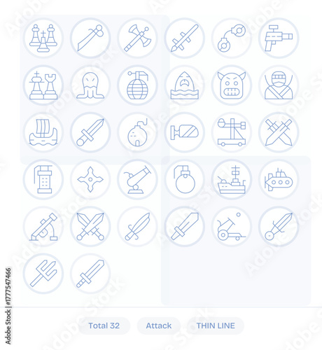Attack Vector Icon Repository containing 32 Thin Line Retina Ready Pixel Optimized graphics