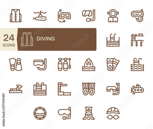 Diving Essential Vector Set including 24 Pixel Aligned Bold Line Retina Ready Icons