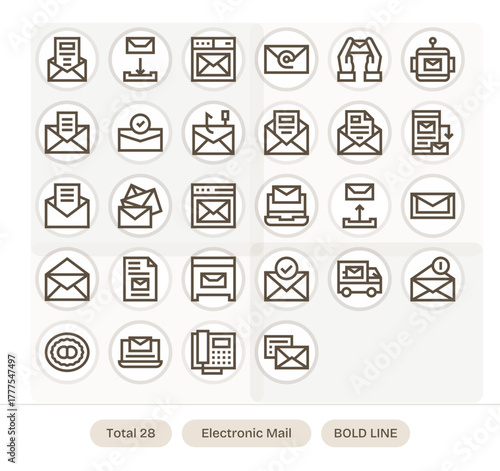 Electronic Mail Vector Icon Collection featuring 28 Pixel Optimized 64x64 Bold Line Designs