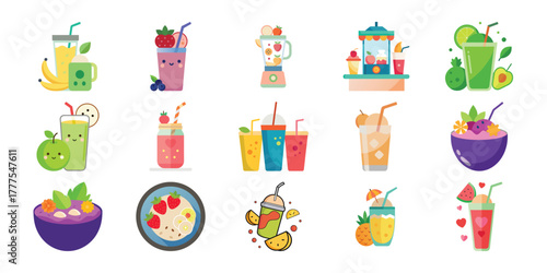 Collection of colorful and refreshing fruit smoothies and milkshakes in various glasses and cups