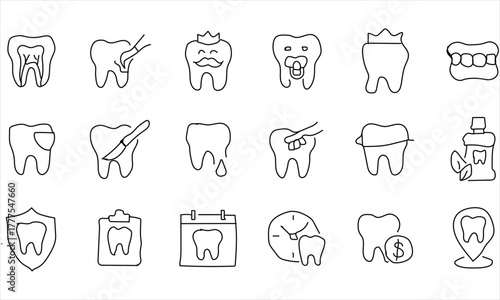 A clean and professional collection of hand-drawn dental icons representing various oral health concepts such as teeth cleaning, toothache, braces, dental care, implants, and hygiene.