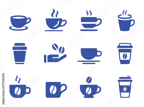 Collection of Blue Coffee Cup and Coffee Bean Icons