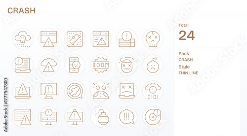 Crash Vector Icon Library with 24 Thin Line 128x128 PIXEL Perfect Designs