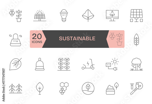 Sustainable Essential Vector Set including 24 Pixel Aligned Thin Line 64x64 Icons