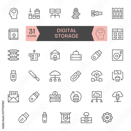 Digital Storage Vector Graphics Pack including 35 Regular Line High Resolution Editable Icons
