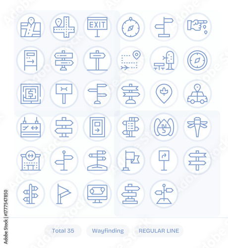 Wayfinding Retina Ready Vector Icon Pack with 35 Regular Line Pixel Optimized Elements