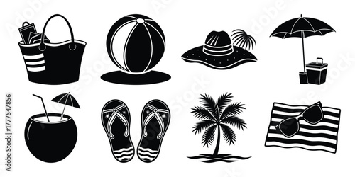 Black and white sketchy beach icons featuring coconut drink beach ball hat umbrella palm tree and more