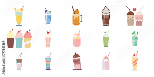 Collection of colorful and refreshing iced drinks and milkshakes in various glasses and cups