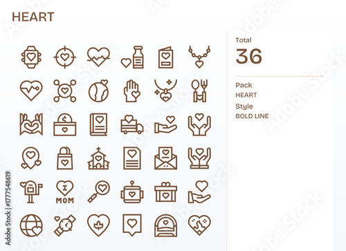 36 Bold Line Detail Enhanced Vector Icons for Heart Graphics
