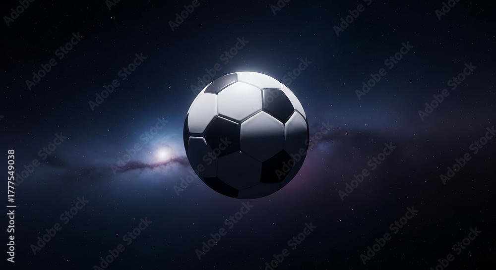 Naklejka premium Gleaming soccer ball floating gracefully through a celestial expanse, symbolizing the global reach and passion of the beautiful game, set against a mysterious cosmic backdrop