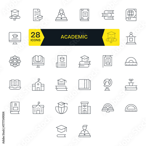 32 Editable Thin Line Vector Icons designed for Academic Interface