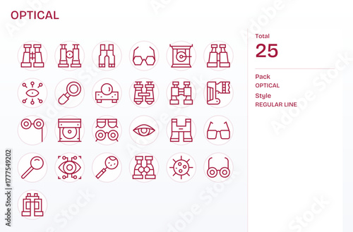 Optical Design Vector Icons featuring 25 Editable Regular Line Style