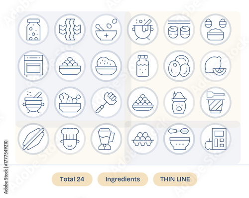 24 Thin Line Pixel Aligned Vector Icons for Ingredients Graphics
