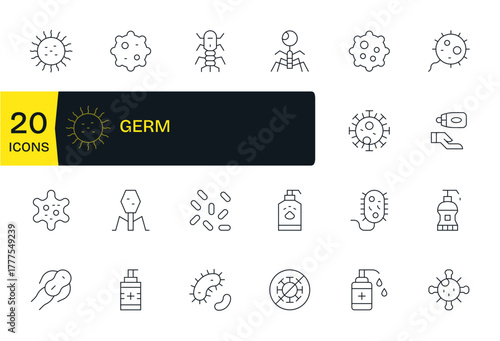 20 Thin Line Vector Icons from Germ in 256x256 Grid Fitted Quality