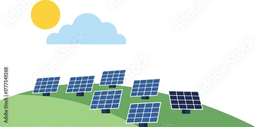 Solar panels on a green hill under the sun and a cloud for renewable energy use