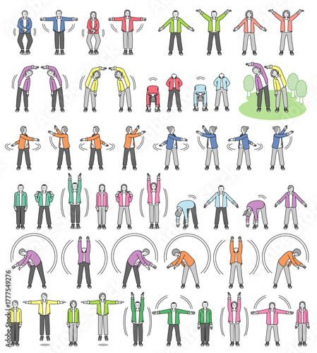Vector illustration set of seniors. 体操するシニアセット