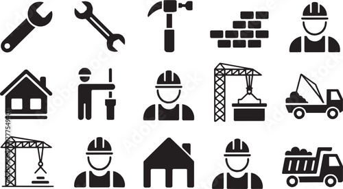 Construction worker icon set. Tools, helmet, safety, engineer, architecture, industrial labor, project, builder, maintenance, work concept
