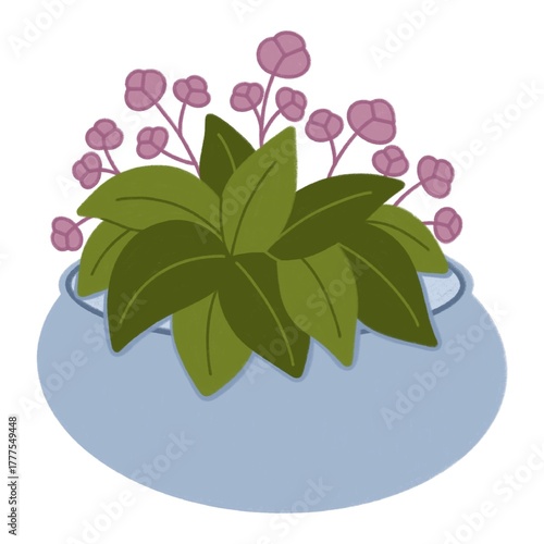 Blue houseplant, green leaves and pink flowers digital sticker, sign on white background.