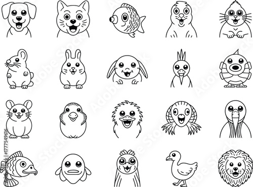 Collection of adorable hand drawn doodle style animal faces including dogs cats birds hamsters and more perfect for childrens books and designs