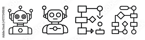 Vector illustration of robot icons and flowchart diagrams for ai and automation concepts