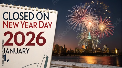 Calendar displaying 'CLOSED ON NEW YEAR DAY 2026 JANUARY 1' against a festive city skyline with fireworks