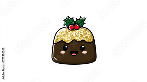 Cute cartoon Christmas pudding with holly leaves and smiling face