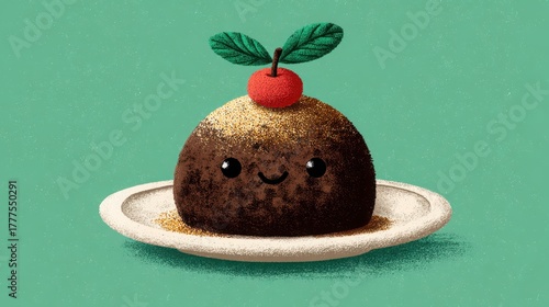 Cute Cartoon Dessert Character with Cherry and Mint Leaf Decoration