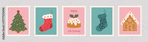 Vintage-style Christmas postage stamp set with a hand-drawn tree, stockings, pudding, and a gingerbread house. Featuring an Xmas mail postmark, soft pink, teal, and red tones add a cozy festive charm.