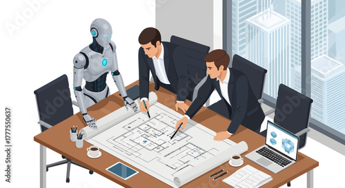 Illustration of businessmen collaborating with a robot on a blueprint in a modern office