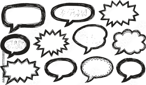 Textured empty speech bubbles template colored set, creative, various shapes, rectangular, round and bubbly. Grunge texture bubbles for text for social media, web design, and posters.