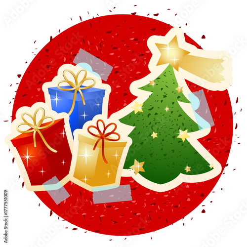 Christmas illustration with tree and gifts on red circle. White background, vector art