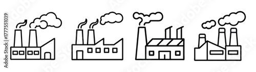 Illustration of industrial factory buildings with smoke stacks and environmental pollution line art
