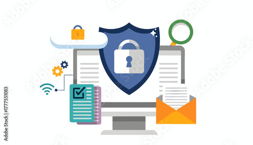Flat lay illustration of a computer with a blue shield and padlock surrounded by cybersecurity icons on a white background.