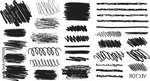 Charcoal pencil hand drawing curly lines, splash, squiggles and shapes. Black elements on white background. Grunge chalk crayon scribbles doodles textures. 
