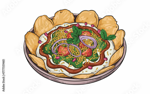 Indulge in vibrant, flavorful chaat with delicious toppings and crispy fried puri, a perfect Indian street food delight for any occasion