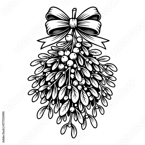Lush mistletoe with a bow: monochrome stylized illustration. Vector winter decor with clean lines. Christmas design for festive prints. EPS 10