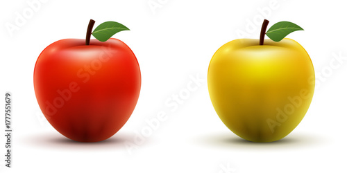 Realistic red and yellow apples with green leaves on white background. Fresh fruit illustration symbolizing health, freshness, and organic nutrition concept.