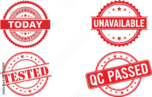 Red rubber stamp collection: today, unavailable, tested, qc passed