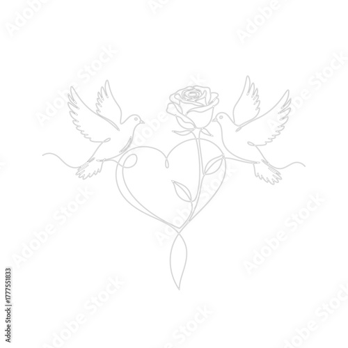 Valentines Day, doves, rose, heart, romantic minimal line art symbolizing love, tenderness and union, elegant contour composition conveying warm emotions and the concept of connection and harmony 