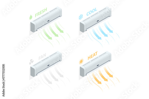 Isometric illustration of air conditioners showing four operating modes cool, heat, fresh, and fan. Concept of smart HVAC system, air climate control, and home comfort technology.
